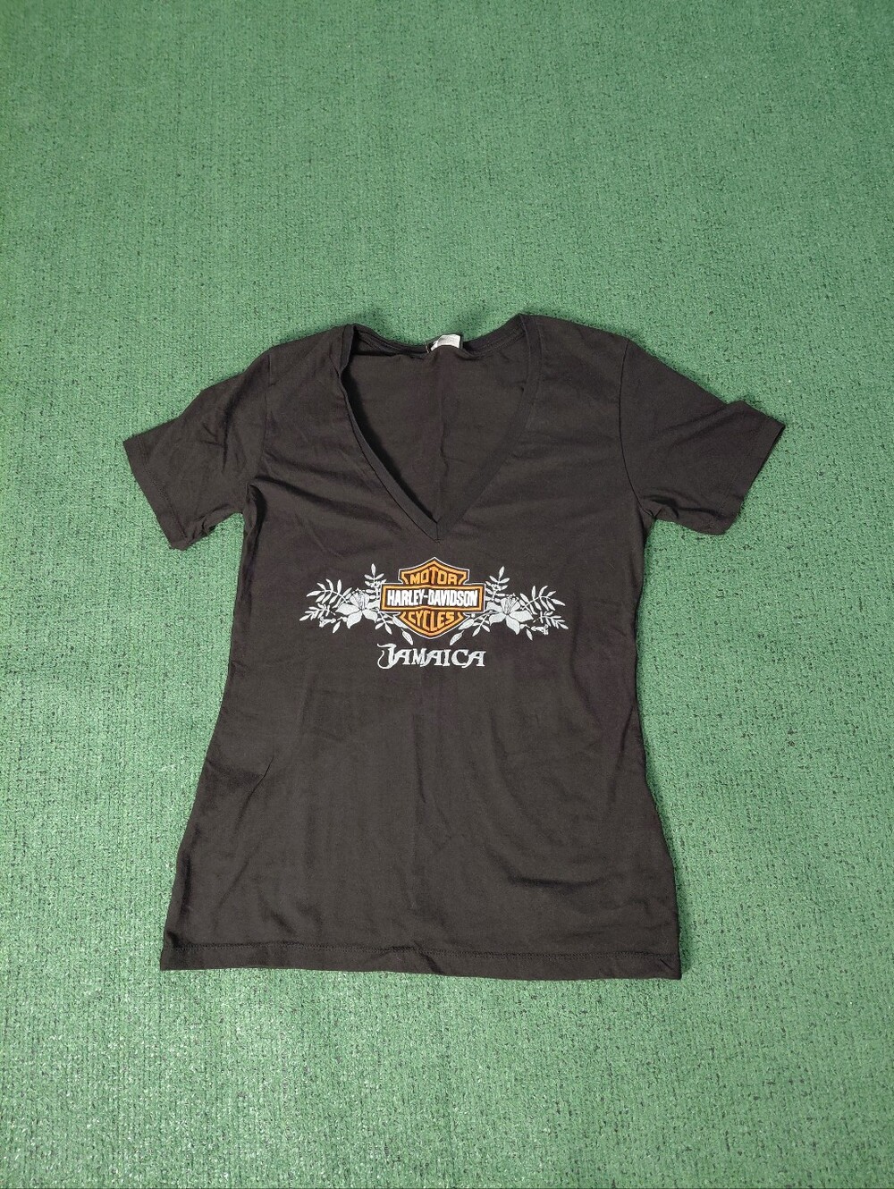 Womens Harley Davidson Jamaica Motorcycle Biker V Neck Black T Shirt Sz XXL